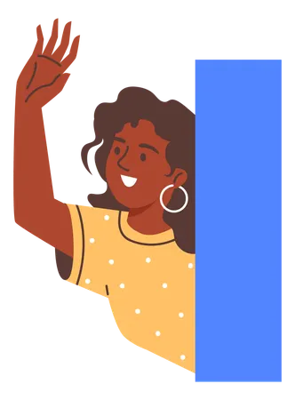 Curious young girl happily waves her hand and looks around the corner  Illustration