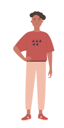 Curley hair boy standing and put his hand on waist  イラスト