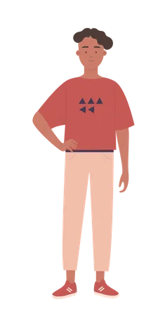 Curley hair boy standing and put his hand on waist  Illustration