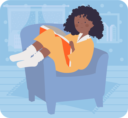 Curley hair girl reading book on couch  Illustration