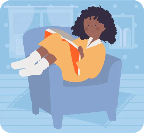 Curley hair girl reading book on couch  Illustration