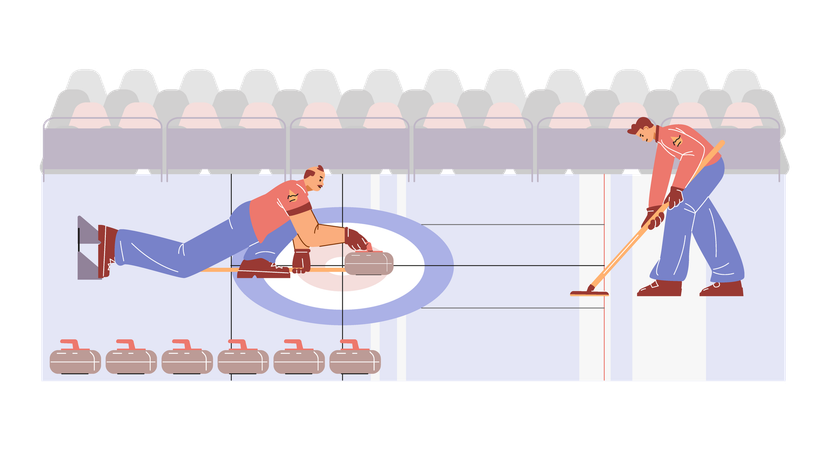 Curling game with players on ice stadium  Illustration