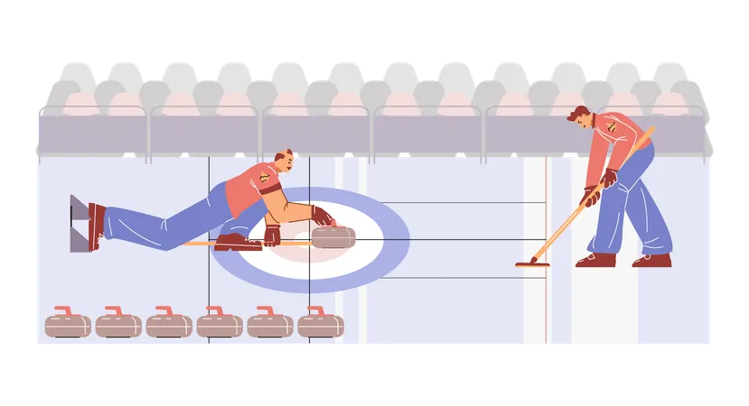 Curling game with players on ice stadium  Illustration