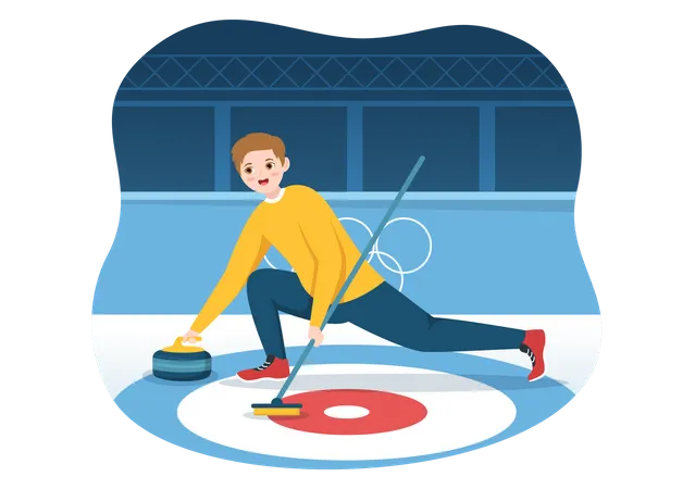 Curling Sport Illustration With Team Playing Game Of Rocks And Broom In Rectangular Ice Ring In Championship Flat Cartoon Hand Drawn Template Illustration