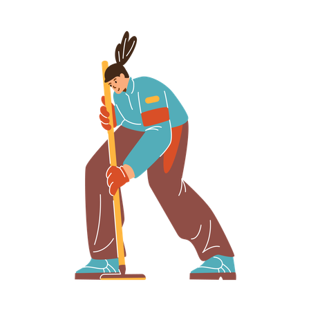 Curling sweeper with broom on ice  Illustration