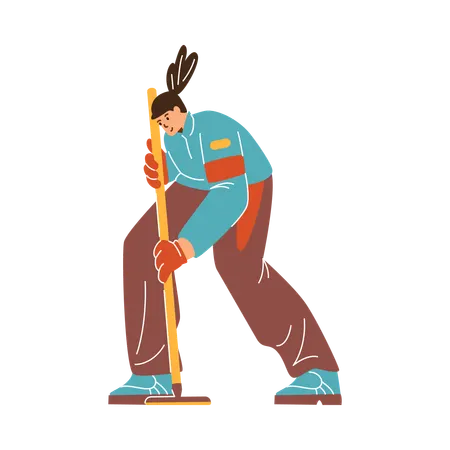 Curling sweeper with broom on ice  Illustration