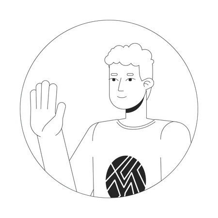 Curly Caucasian Young Man Waving Happy Black And White 2 D Vector Avatar Illustration Saying Hello Outline Cartoon Character Face Isolated Greeting Gesture Nonverbal Flat User Profile Image Illustration