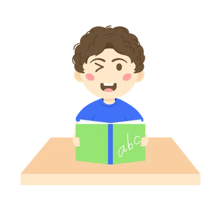 Curly hair boy holding english book  Illustration