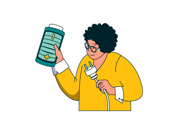 Curly hair man holding battery and plug Illustration