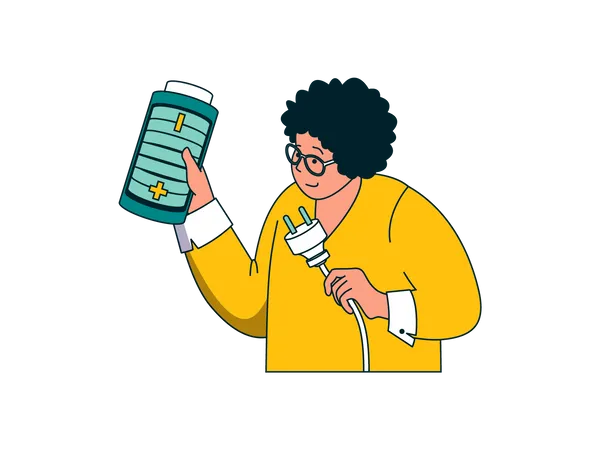 Curly hair man holding battery and plug  Illustration