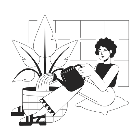 Curly hair woman sitting with pot and Watering plant  Illustration