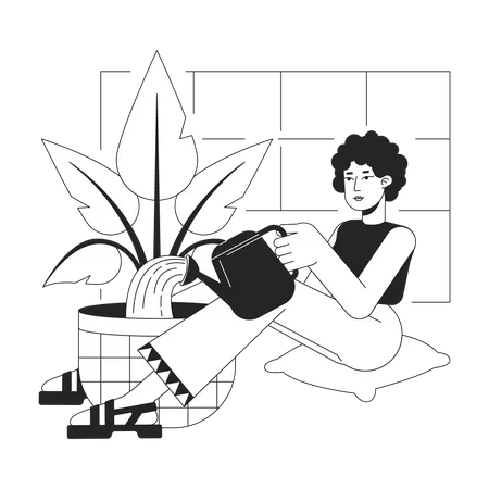 Watering Plant Bw Vector Spot Illustration Curly Hair Woman Sitting With Pot 2 D Cartoon Flat Line Monochromatic Character For Web UI Design Gardening Houseplant Editable Isolated Outline Hero Image Illustration