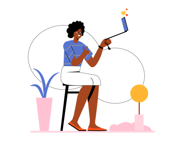 Curly hair woman taking selfie in mobile  Illustration