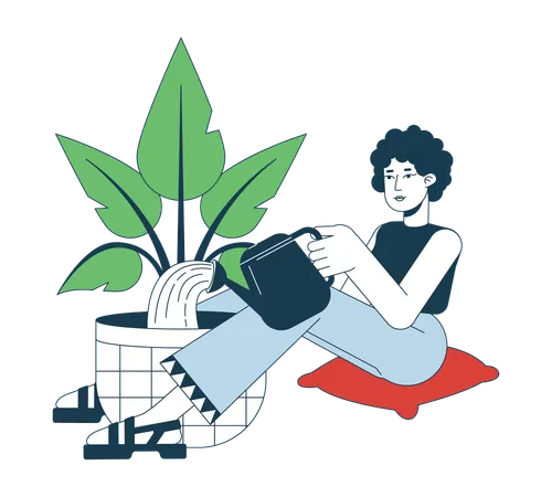 Curly hair woman watering house plant  Illustration