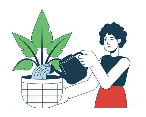 Curly hair woman watering house plant  Illustration