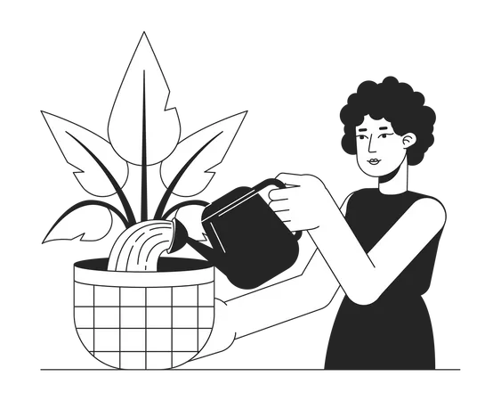Indoor Gardening Bw Vector Spot Illustration Curly Hair Woman Watering Houseplant With Can 2 D Cartoon Flat Line Monochromatic Character For Web UI Design Editable Isolated Outline Hero Image Illustration