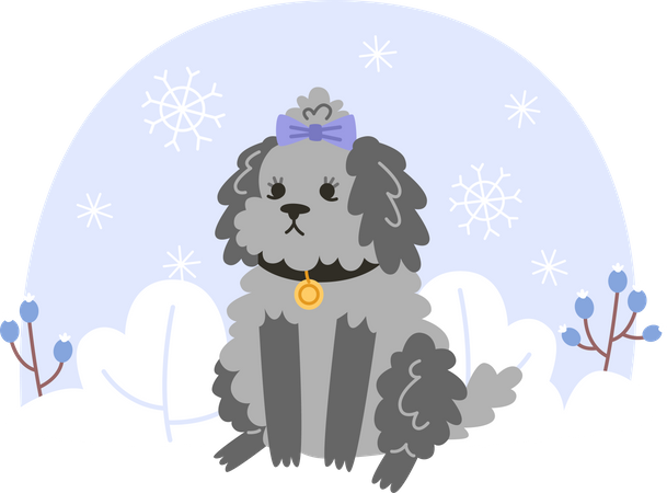 Curly little dog sits a snowy forest  イラスト
