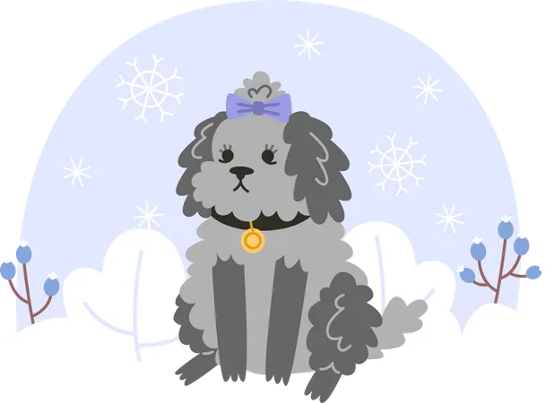 Curly Little Dog Sits In A Snowy Forest イラスト