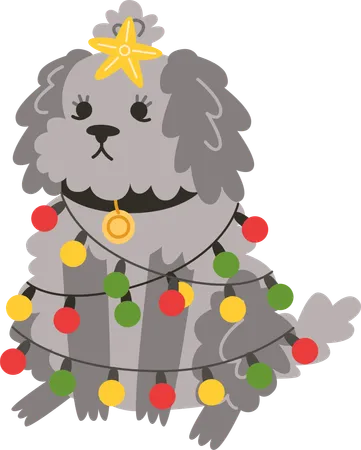 Curly Little Dog Sits In Celebrate Garland Like Christmas Tree Illustration