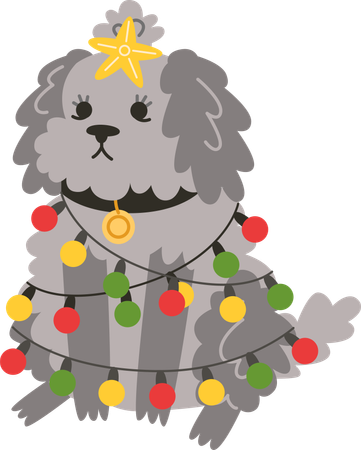 Curly little dog sits in celebrate garland  Illustration