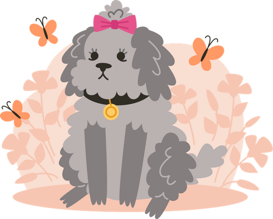 Curly little dog sits on lawn with flower  Illustration