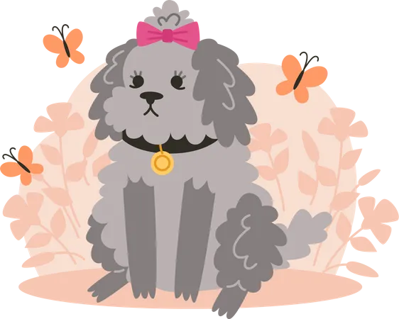Curly Little Dog Sits On The Lawn With Flowers And Butterflies Illustration