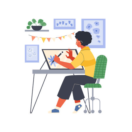 Curly woman graphic designer character working on special desk  Illustration