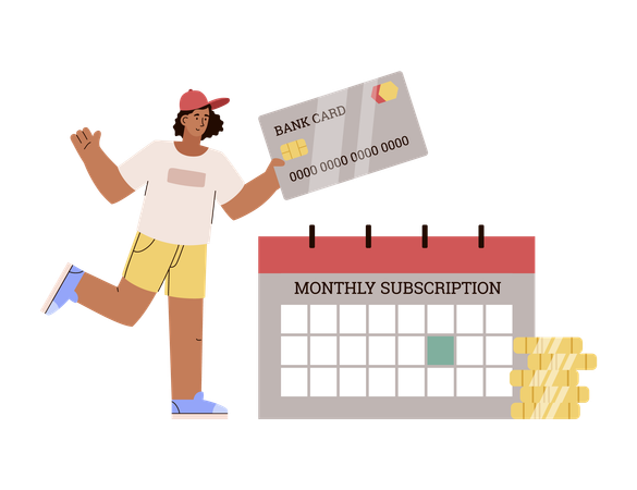 Curly woman in cap holding bank card to pay for monthly subscription  Illustration