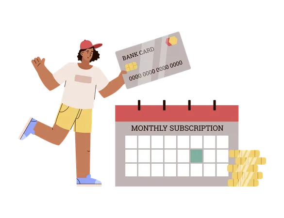 Curly woman in cap holding bank card to pay for monthly subscription  Illustration