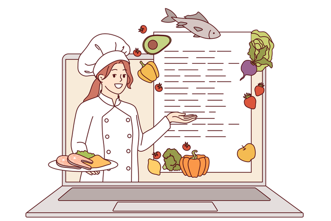 Curso de cocina en línea de una cocinera mirando por la pantalla de una computadora portátil y recomendando recetas  Ilustración