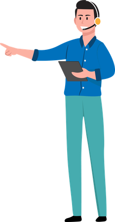 Curso de ensino de professor masculino usando fones de ouvido com tablet  Ilustração