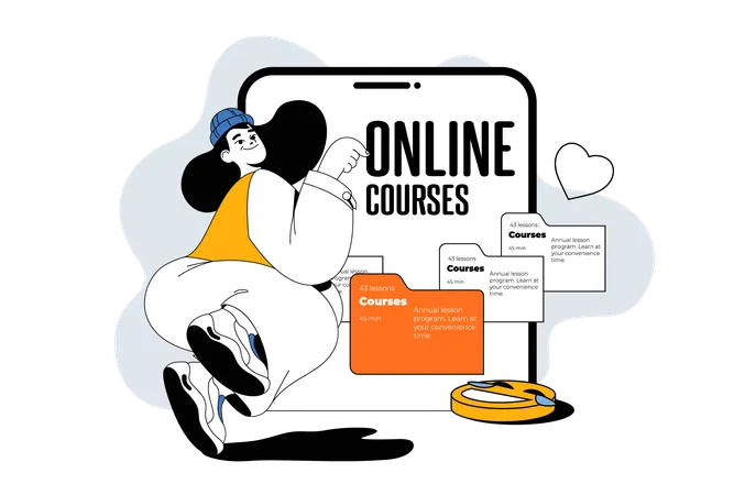 Mulher aprendendo cursos on-line  Ilustração