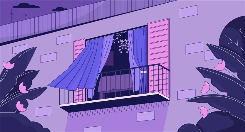 Curtains Blowing In Wind From Opened Window Chill Lo Fi Background Balcony 2 D Vector Cartoon Exterior Illustration Purple Lofi Wallpaper Desktop Sunset Aesthetic 90 S Retro Art Dreamy Vibes Illustration