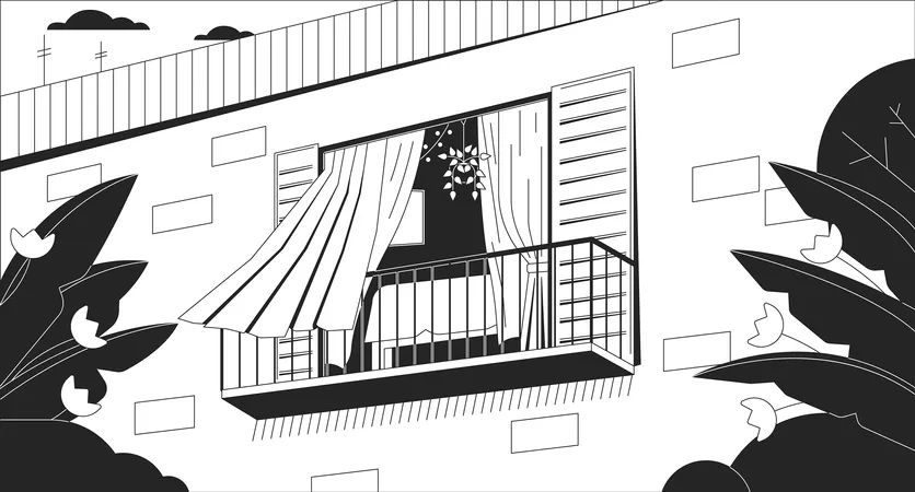 Curtains Blowing In Wind From Opened Window Black And White Chill Lo Fi Background Balcony Outline 2 D Vector Cartoon Exterior Illustration Monochromatic Lofi Wallpaper Desktop Bw 90 S Retro Art Illustration