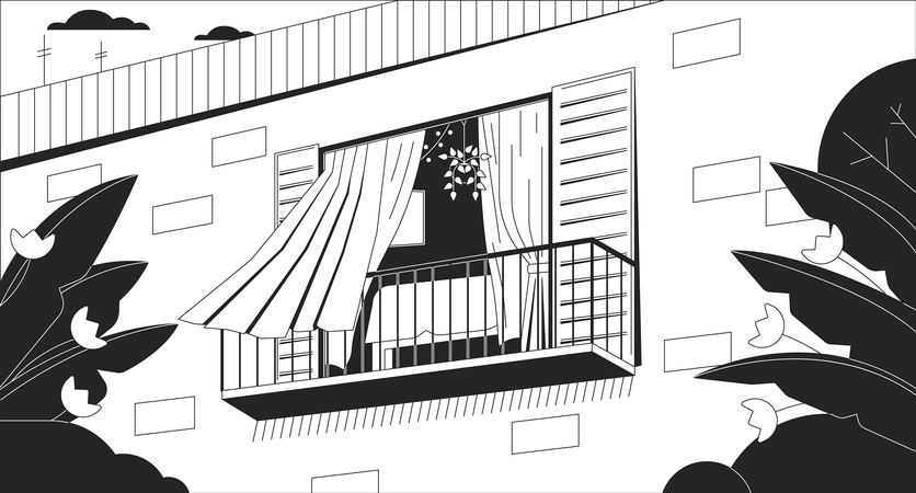 Curtains blowing in wind from opened window  Illustration