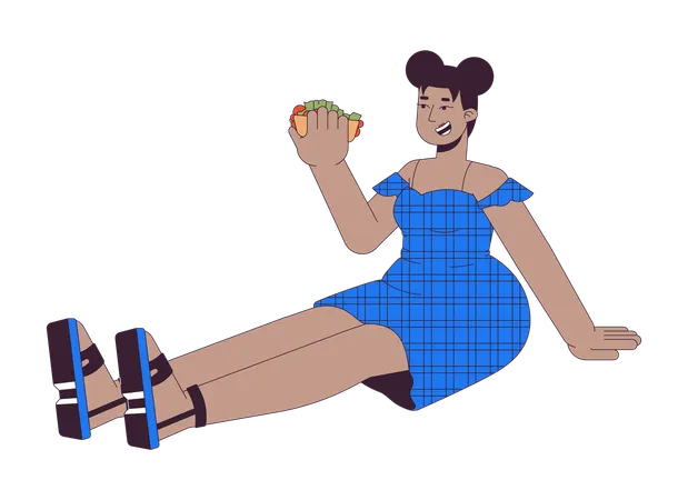 Curvy black woman holding sandwich  Illustration