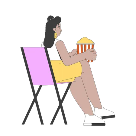 접이식 의자에 앉아 팝콘을 먹는 곡선미 넘치는 히스패닉 여성  일러스트레이션