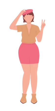 Curvy Pretty Woman Posing With Victory Sign Semi Flat Color Vector Character Editable Figure Full Body Person On White Simple Cartoon Style Spot Illustration For Web Graphic Design And Animation Illustration