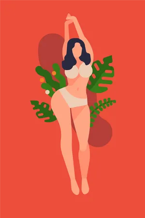 Curvy woman wearing bright underwear, surrounded by decorative floral elements  Illustration