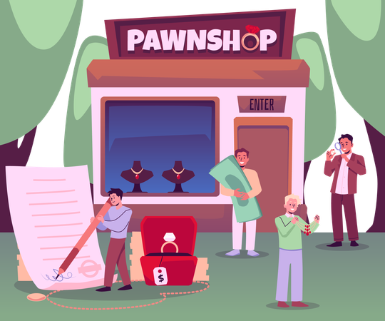 Customer buy or sell second hand jewelry things and get cash  Illustration