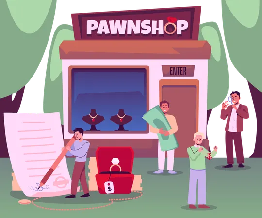 Customer buy or sell second hand jewelry things and get cash  Illustration