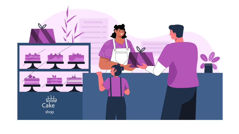 Customer buying cake at bakery store  Illustration