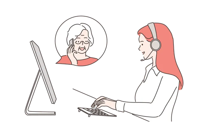 Service Call Center Work Communication Concept Young Woman Operator Consultant Cartoon Character With Headset Talking With Senior Citizen Old Female Online Remote Customer Support Illustration Illustration