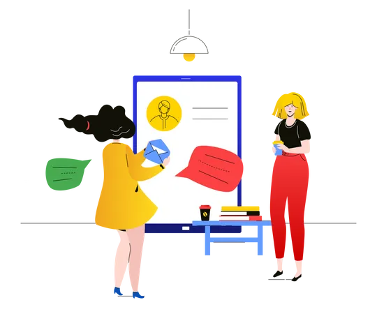 Customer Communications Flat Design Style Colorful Illustration On White Background A Composition With Female Colleagues Office Workers Chatting Online With A Client Via Smartphone Writing Email Illustration