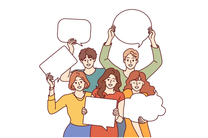 People With Speech Bubbles In Their Hands Are Invited To Visit Conversation Club And Exchange Opinions Happy Young Friends With Speech Clouds Symbolizing New Ideas After Brainstorming Together Illustration
