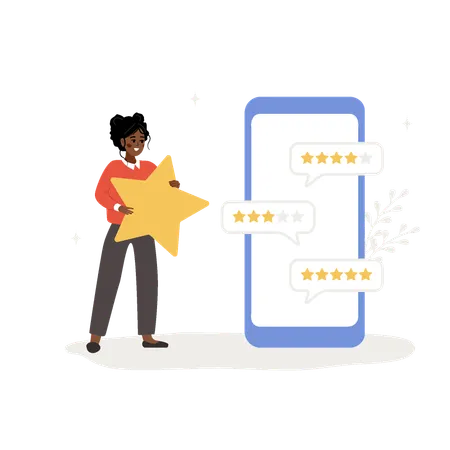 Customer Feedback Mobile Phone Screen With Clients Reviews African Woman With Huge Star Standing Near Big Smartphone And Reading Testimonials Or Leaving Comment Vector Flat Cartoon Illustration Illustration