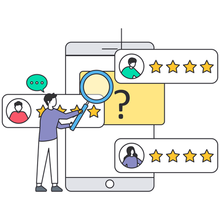 Customer feedback analysis with man holding magnifying glass over online reviews and star ratings on a smartphone screen  Illustration