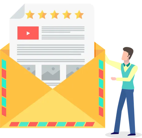 Man Stands And Holds Cartoon Mail Envelope With Letter Paper With Stars Video Icon Text And Pictures Promotion Draw Participation In Promotion Attract Customers Increase Sales Luring Consumers Illustration