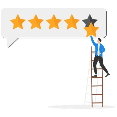 Customer Giving 5 Stars Rating Review Reputation And Customer Feedback A Man Climb Up Ladder To Put On Best Rating Illustration