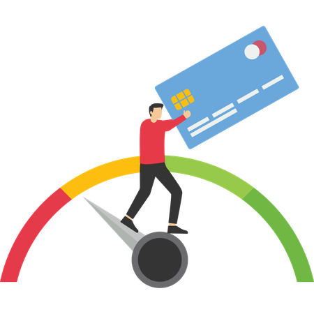 Customer holding plastic card and standing on credit gauge with bad rating  Illustration